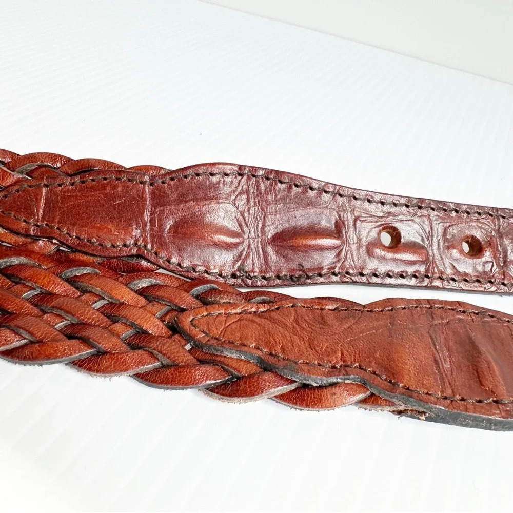 Vintage Crocodile Back, Woven Leather Belt Brown Silver Decorative Buckle - Picture 8 of 9